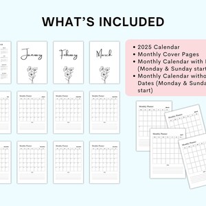 May include: Printable 2025 calendar pages with monthly cover pages, monthly calendar with dates starting on Monday or Sunday, and monthly calendar without dates starting on Monday or Sunday.
