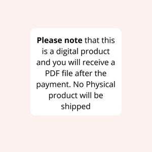 Puede incluir: Un rect&aacute;ngulo blanco con texto negro que dice: "Tenga en cuenta que este es un producto digital y recibir&aacute; un archivo PDF despu&eacute;s del pago. No se enviar&aacute; ning&uacute;n producto f&iacute;sico."
