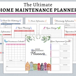 May include: A printable home maintenance planner with a watercolor floral design. The planner includes sections for house information, warranty information, renovation wishlist, home improvement goals, room planning, room design, closet de-cluttering, and a maintenance calendar.