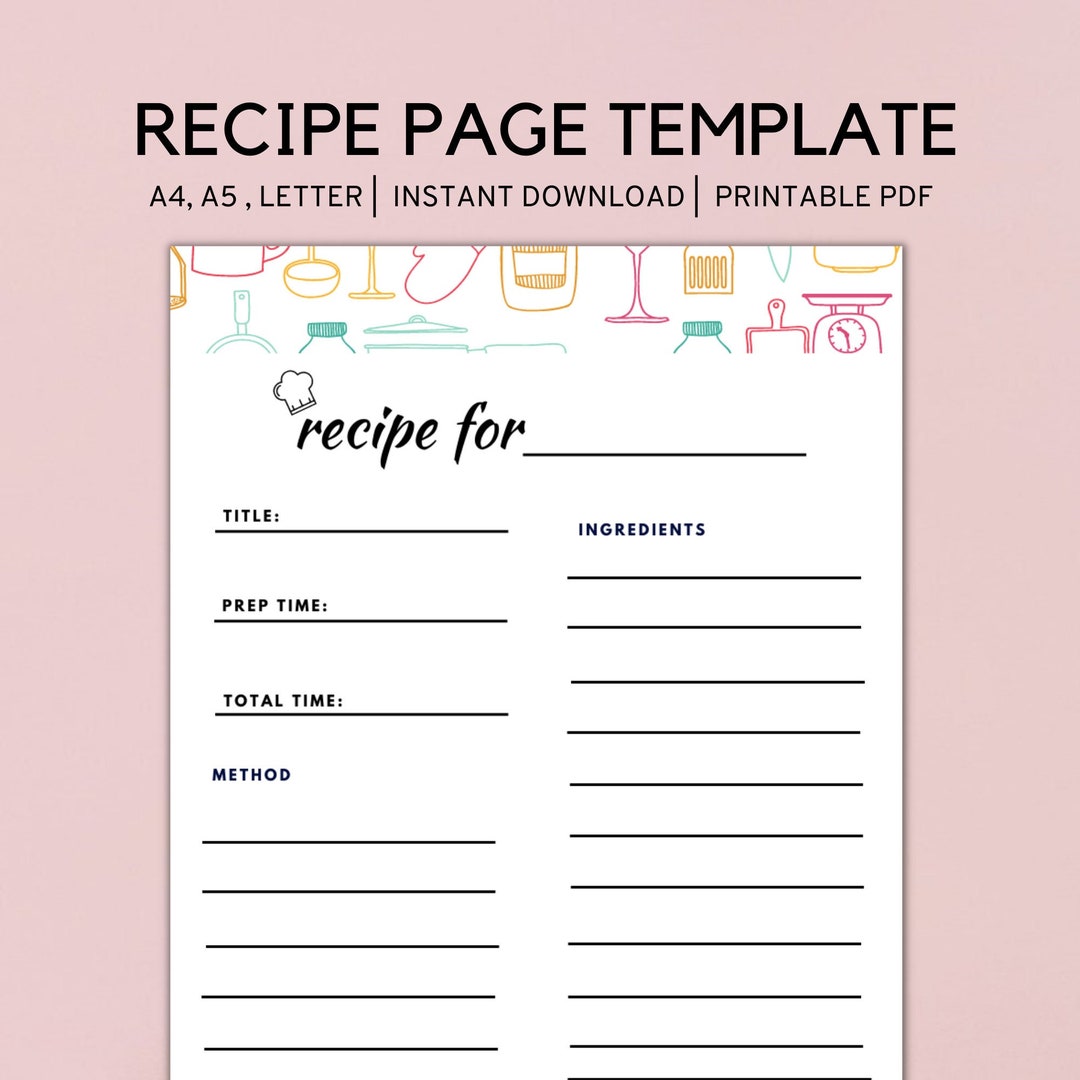 Recipe Page Printable PDF, Printable Recipe Template, Recipe Binder ...