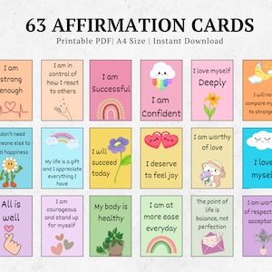 63 cartes d'affirmation imprimables, cartes d'affirmation numériques imprimables, Vision Board imprimables, jeu de cartes d'affirmation de soi, pdf de cartes d'affirmation positive
