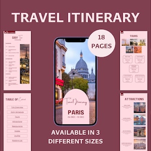 Paris Travel Itinerary Template, Editable Travel Planner, Digital Travel Guide, Digital Vacation Schedule, Travel Agent Planner, Canva