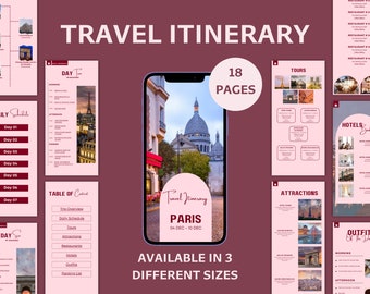 Modèle d'itinéraire de Paris Canva, planificateur de voyage modifiable, programme de vacances PDF, téléchargement immédiat