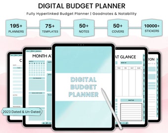May include: A digital budget planner for Goodnotes and Notability. The planner features a light blue and white color scheme with a gradient background. The planner includes 195+ planners, 75+ templates, 50+ notes, 50+ covers, and 10,000+ stickers. The planner is dated for 2023 and includes undated options.