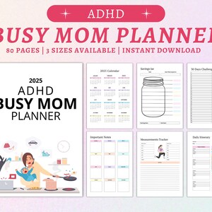 Pu&ograve; includere: Un planner stampabile progettato per mamme impegnate con ADHD. Il planner include sezioni per itinerari giornalieri, note importanti, tracciamento delle misure, un calendario 2025 e un tracker per il barattolo dei risparmi. La copertina presenta un'illustrazione di cartoni animati di una mamma che fa juggling con pi&ugrave; compiti.