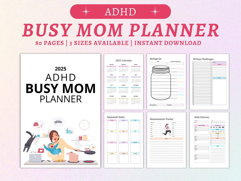 Pu&ograve; includere: Un planner stampabile progettato per mamme impegnate con ADHD. Il planner include sezioni per itinerari giornalieri, note importanti, tracciamento delle misure, un calendario 2025 e un tracker per il barattolo dei risparmi. La copertina presenta un'illustrazione di cartoni animati di una mamma che fa juggling con pi&ugrave; compiti.