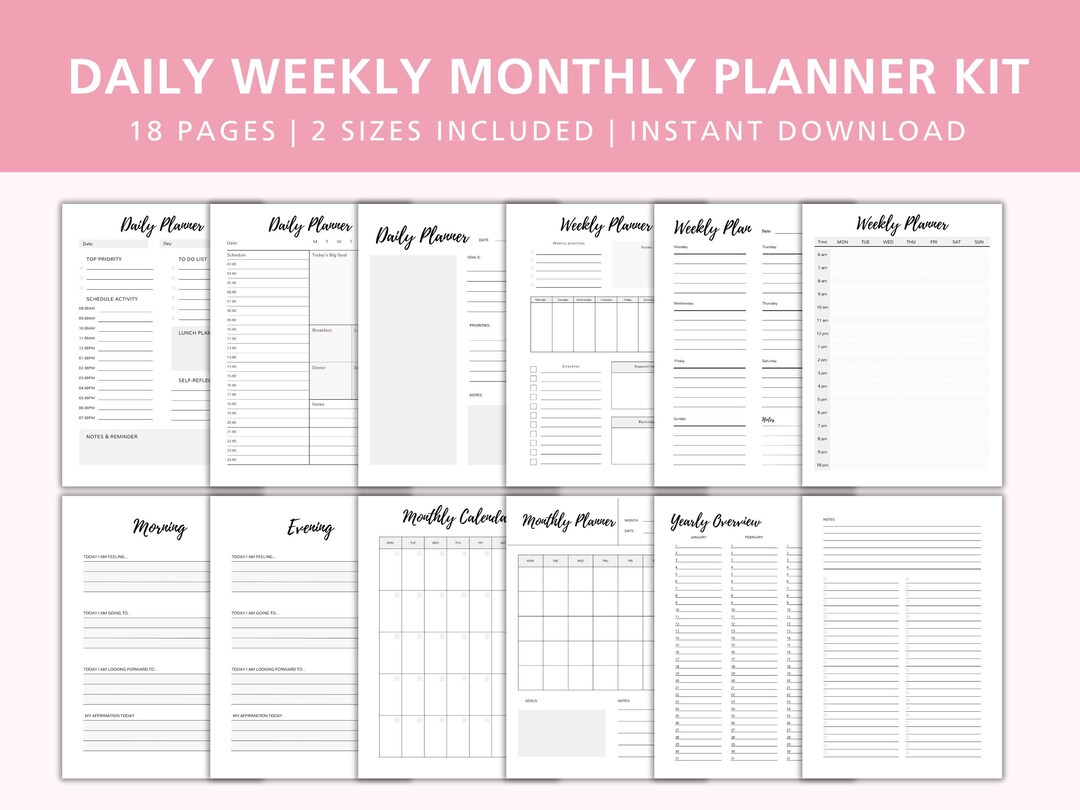 Daily Weekly Monthly Planner Printable, Yearly Overview, Goal Tracker ...