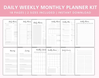 May include: A printable planner kit with 18 pages in two sizes. The kit includes daily, weekly, monthly, and yearly planner pages. The pages are black and white with a simple design.
