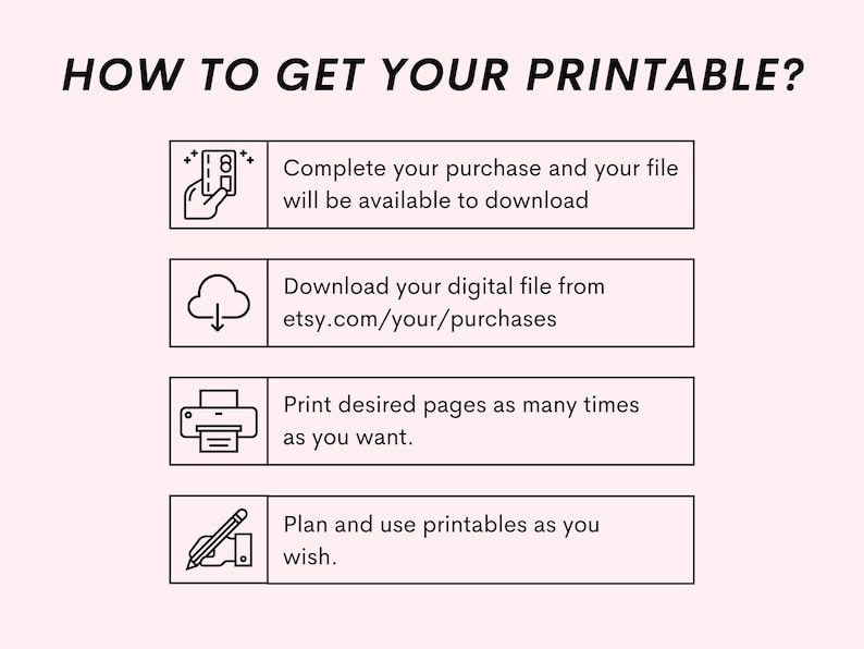 May include: A black and white illustration showing how to get your printable. The steps are: 1. Complete your purchase and download your file. 2. Download your digital file from etsy.com/your/purchases. 3. Print desired pages as many times as you want. 4. Plan and use printables as you wish.