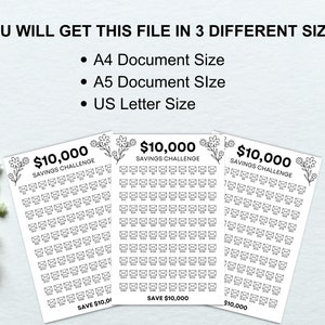 May include: Three black and white printable sheets with a &pound;10,000 savings challenge tracker. Each sheet has a design of small envelopes and flowers. The text "&pound;10,000 Savings Challenge" is at the top of each sheet.
