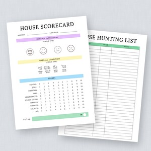 May include: A printable house scorecard and house hunting list. The scorecard has a section for overall impression and condition, with icons for each. It also has a section for scores, with categories like lighting, style, condition, yard, neighborhood, school system, amenities, commute, location, and size. The house hunting list has columns for address, price, and notes.