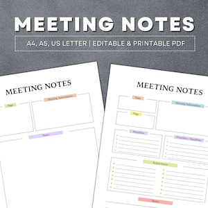 Op de afbeelding: Twee witte, afdrukbare vergaderingsnotitiepagina's met de tekst "MEETING NOTES" bovenaan. De pagina's bevatten secties voor vergaderinformatie, notities, deelnemers en actiepunten. De tekst "A4, A5, US LETTER | EDITABLE & PRINTABLE PDF" is ook zichtbaar.