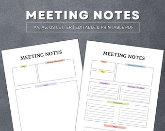 Editable Meeting Notes Template, Meeting Notes Printable, Meeting Minutes Template, Meeting Agenda, Note Taking, A4, LETTER, A5 PDF