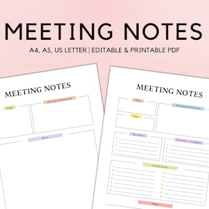 Editable Meeting Notes Template, Meeting Notes Printable, Meeting Minutes Template, Meeting Agenda, Note Taking, A4, LETTER, A5 PDF