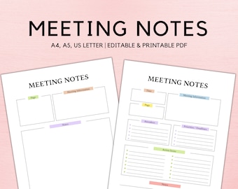Editable Meeting Notes Template, Meeting Notes Printable, Meeting Minutes Template, Meeting Agenda, Note Taking, A4, LETTER, A5 PDF