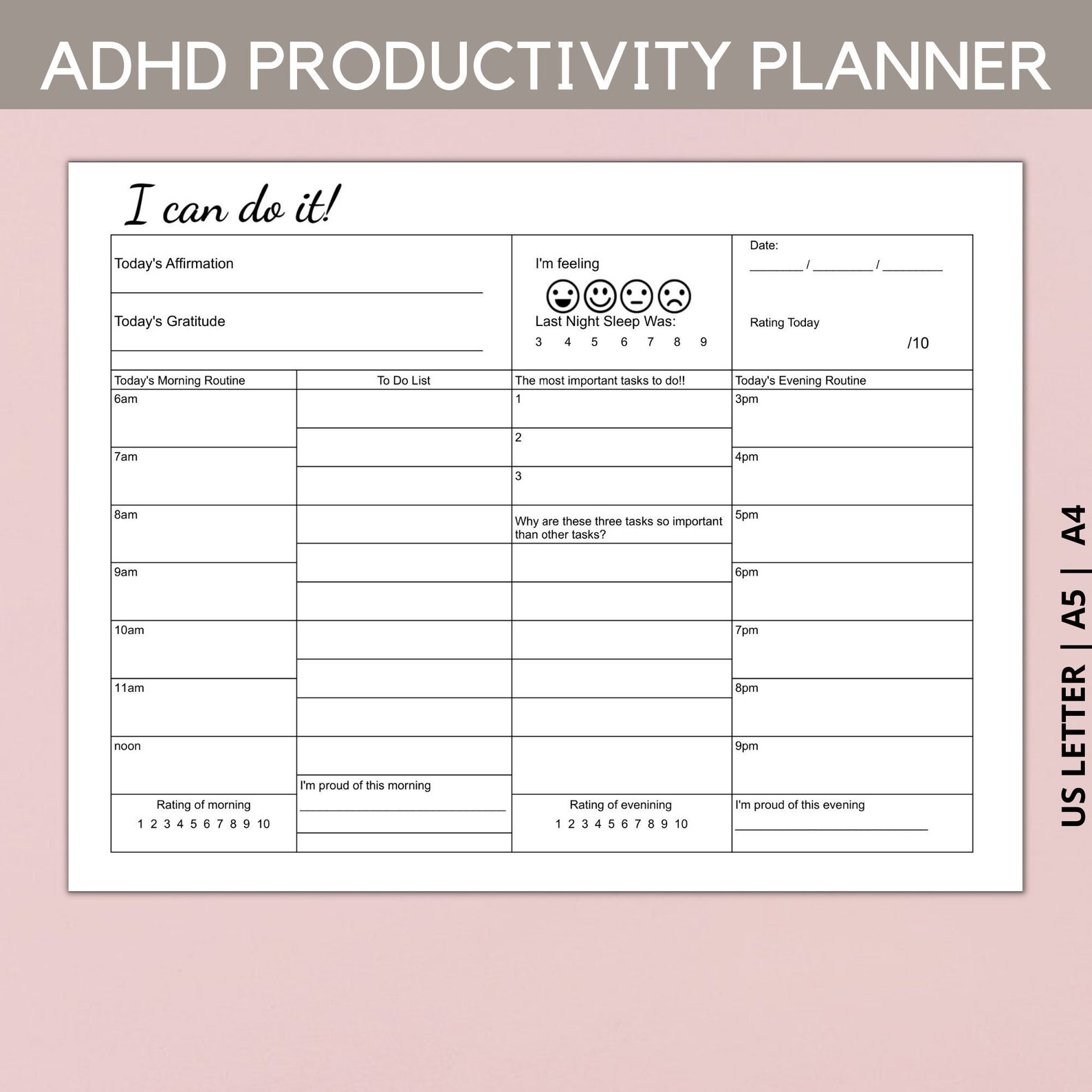 Printable ADHD Planner Digital, ADHD Adult Daily Productivity Planner ...