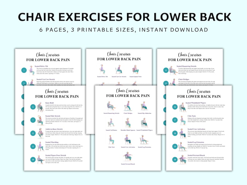 May include: A digital download featuring six pages of chair exercises for lower back pain. The pages are white with teal accents and illustrations of exercises. Text at the top reads "Chair Exercises for Lower Back" and "6 Pages, 3 Printable Sizes, Instant Download."