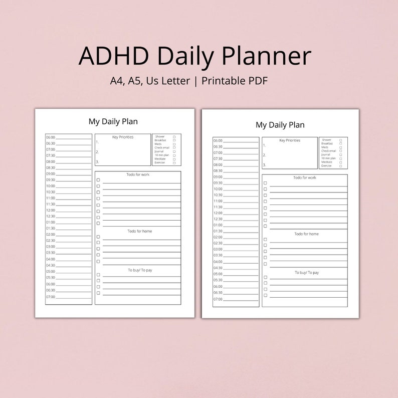 Puede incluir: Un planificador diario imprimible dise&ntilde;ado para personas con TDAH. El planificador est&aacute; dividido en dos columnas, cada una con secciones para prioridades clave, tareas para el trabajo, tareas para el hogar y para comprar/para pagar. El planificador est&aacute; formateado con franjas horarias de 6:00 AM a 7:00 PM.