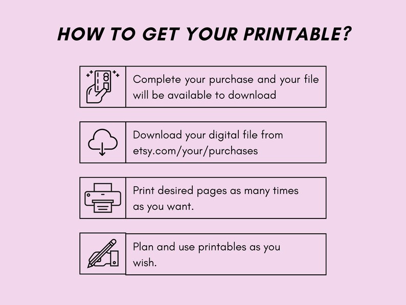 May include: A light pink graphic with the text "HOW TO GET YOUR PRINTABLE?" and instructions. The instructions include completing a purchase, downloading a file, printing pages, and planning use. The text is in black.