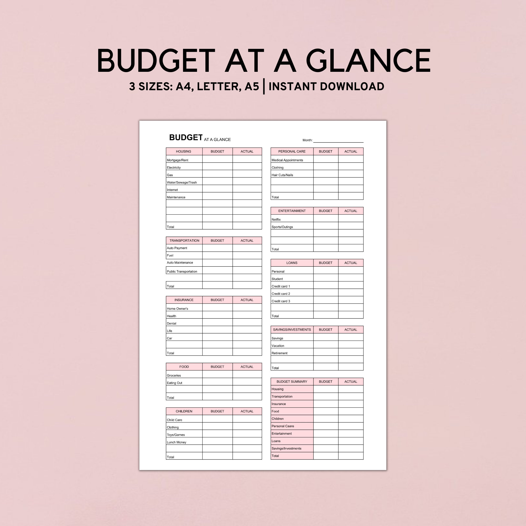Monthly Budget at a Glance Budget Planner Template Biweekly | Etsy