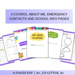 May include: A printable planner for people with ADHD. The cover features a yellow star and the text "My ADHD Planner". The planner includes pages for school information, about me, emergency contacts, and school tasks.