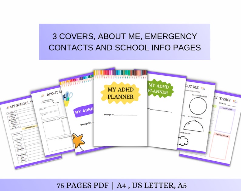 May include: A printable planner for people with ADHD. The cover features a yellow star and the text "My ADHD Planner". The planner includes pages for school information, about me, emergency contacts, and school tasks.