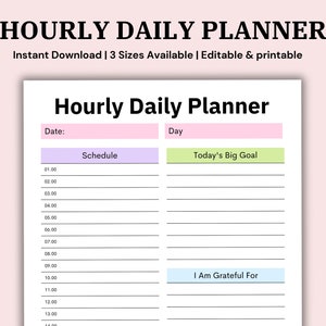 Puede incluir: Un planificador diario por horas imprimible con secciones para el horario, el gran objetivo del d&iacute;a y un espacio para escribir por lo que est&aacute;s agradecido. El planificador tiene un esquema de color rosa, morado, verde y azul.