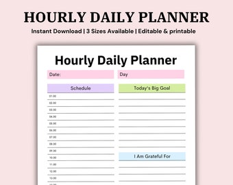 Editable Hourly Daily Planner Template Printable, Productivity Planner, Daily To Do List, Hourly Schedule, A4, Letter, A5, Printable