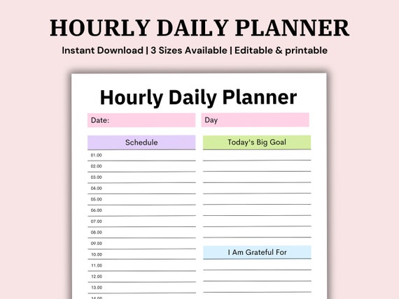 Editable Hourly Daily Planner Template, Printable Schedule (Digital Download)