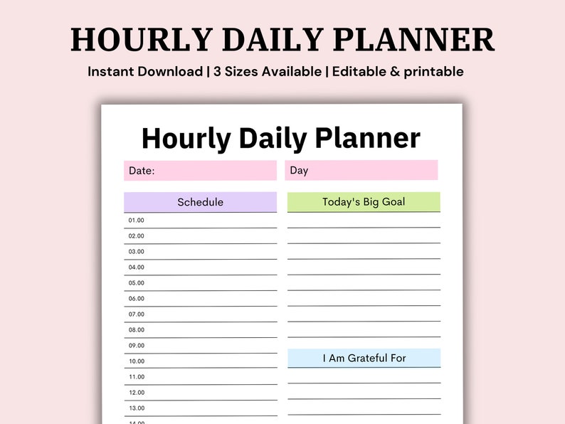 Puede incluir: Un planificador diario por horas imprimible con secciones para el horario, el gran objetivo del d&iacute;a y un espacio para escribir por lo que est&aacute;s agradecido. El planificador tiene un esquema de color rosa, morado, verde y azul.