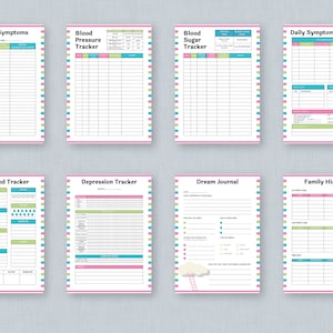 May include: Printable set of eight different trackers and journals with colorful borders. The trackers include allergy symptoms, blood pressure, blood sugar, daily symptoms, daily food, depression, dream journal, and family history.
