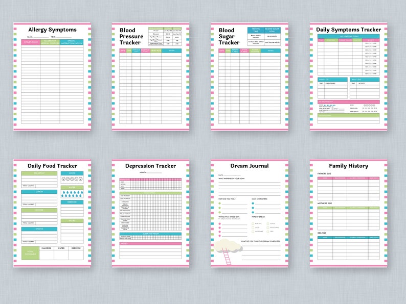 May include: Printable set of eight different trackers and journals with colorful borders. The trackers include allergy symptoms, blood pressure, blood sugar, daily symptoms, daily food, depression, dream journal, and family history.
