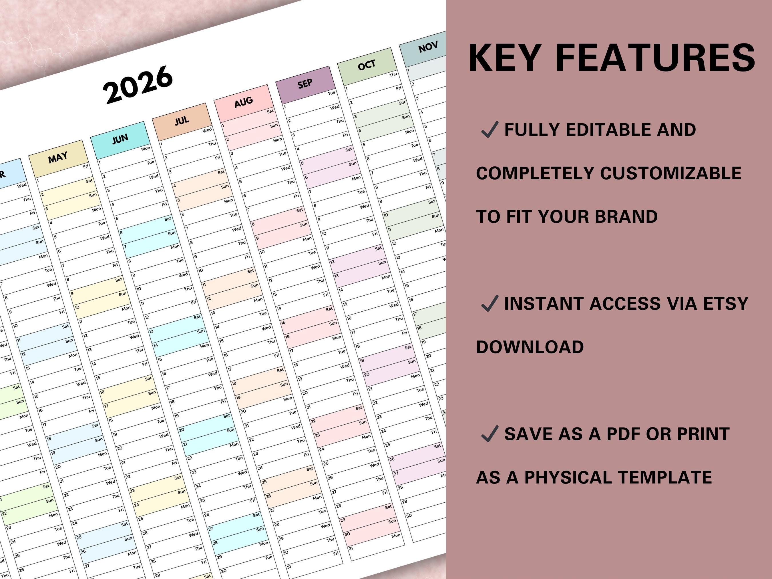 2026 Year Planner Printable, Wall Calendar 2026 PDF, A3 A4 A5 Sizes