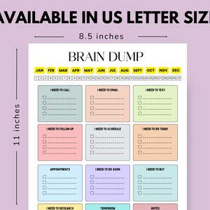 May include: A colorful Brain Dump planner, 8.5 inches wide and 11 inches tall, with sections for calls, emails, and tasks. Includes a calendar and areas for appointments and notes. The text "AVAILABLE IN US LETTER SIZE" is at the top.