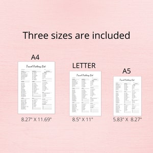 May include: Three travel packing lists in A4 (8.27" x 11.69"), Letter (8.5" x 11"), and A5 (5.83" x 8.27") sizes. Each list is printed in black text on white paper, with checkboxes for each item. The text "Three sizes are included" is at the top.