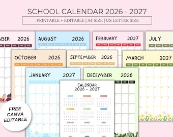 School Calendar 2026–2027 | Printable , Editable Canva Template | Academic Year Calendar | Monthly Planner for Teachers & Students