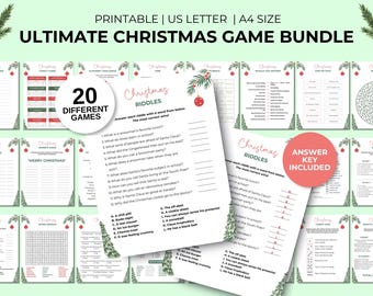 May include: A printable Christmas game bundle with 20 different games, including riddles, word searches, and mazes. The bundle includes an answer key and is available in US Letter and A4 sizes. The games feature festive Christmas tree and ornament designs.