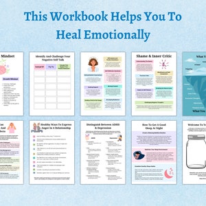 Puede incluir: Un libro de trabajo con p&aacute;ginas e ilustraciones coloridas dise&ntilde;ado para ayudar a las personas a sanar emocionalmente. El libro de trabajo incluye secciones sobre mentalidad de crecimiento, autoconversaci&oacute;n negativa, verg&uuml;enza y cr&iacute;tico interno, TDAH, manejo de la ira, sue&ntilde;o y preocupaci&oacute;n.