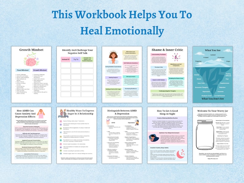 Puede incluir: Un libro de trabajo con p&aacute;ginas e ilustraciones coloridas dise&ntilde;ado para ayudar a las personas a sanar emocionalmente. El libro de trabajo incluye secciones sobre mentalidad de crecimiento, autoconversaci&oacute;n negativa, verg&uuml;enza y cr&iacute;tico interno, TDAH, manejo de la ira, sue&ntilde;o y preocupaci&oacute;n.
