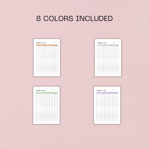 May include: Eight printable supply list templates in different colors: orange, green, gray, purple, light blue, pink, light green, and white. Each template has the title "Supplies to order" and columns for item, quantity, price, and total.