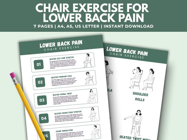 May include: A digital download featuring chair exercises for lower back pain. The design includes exercise illustrations and instructions. The text reads "Chair Exercise for Lower Back Pain" and "7 Pages | A4, A5, US Letter | Instant Download". A yellow pencil with a pink eraser is in the image.