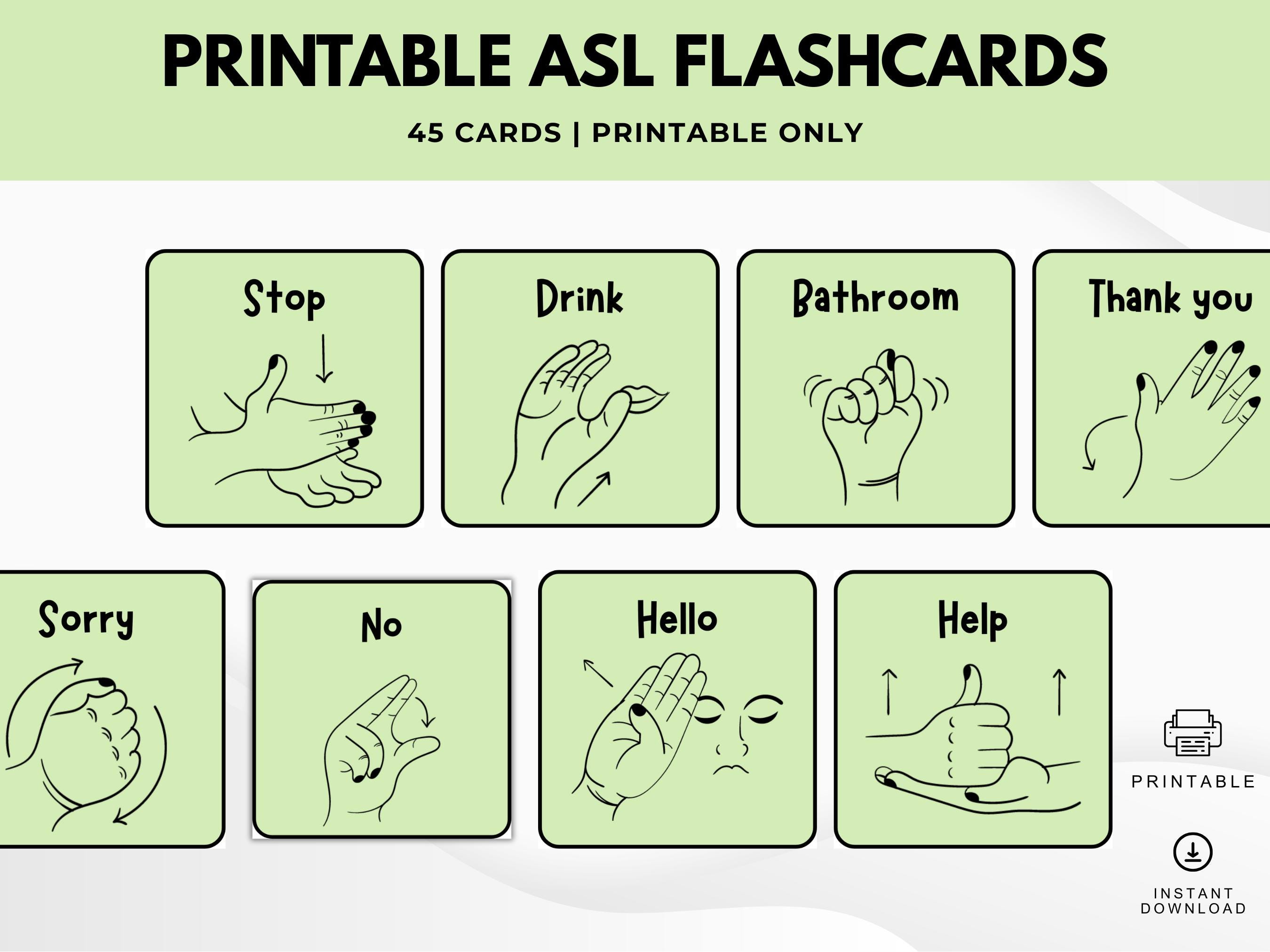 Printable ASL Flashcards: 45 Illustrated Sign Language Cards (digital ...