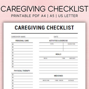 Editable Caregiver Checklist Printable, Caregiver Daily Log, Caregiver Log Sheet, Daily cleaning, Daily Tasks, Housekeeping, Care log PDF