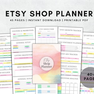 May include: A printable Etsy shop planner with 45 pages. The planner includes worksheets for product tags, orders tracking, listing brainstorming, shop branding, general setup, coupons and promotions, order forms, Etsy growth tracking, Pinterest planning, ads tracking, target audience, competitor analysis, seasonal planning, product updates, quarterly stats, and a monthly calendar.