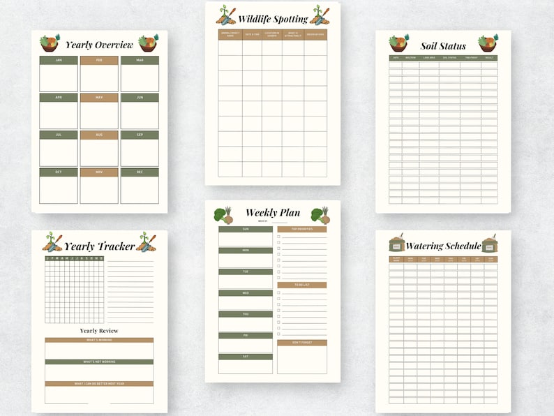 May include: Printable gardening planner with six pages: Yearly Overview, Wildlife Spotting, Soil Status, Weekly Plan, Yearly Tracker, and Watering Schedule. Each page features a different gardening-themed illustration.