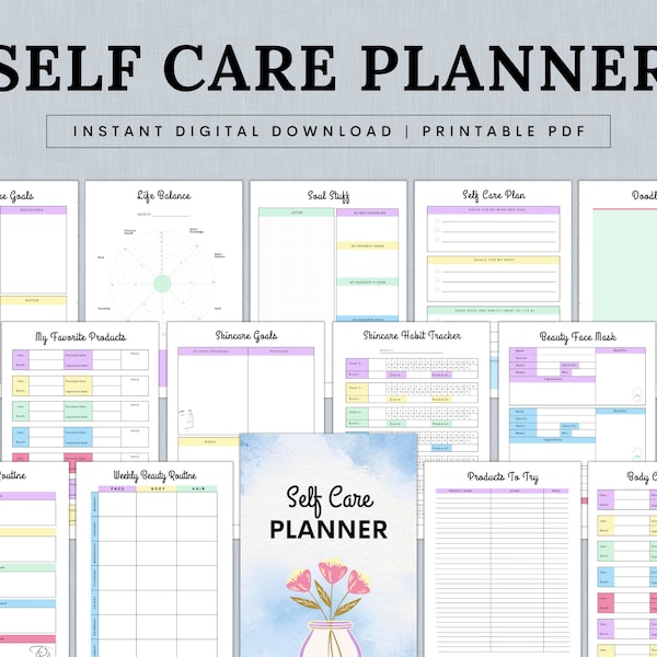Self Care Planner Bundle Printable,  Self-Love Journal, Mental Health Worksheet Kit, Mindfulness Journal, Wellness Planner Bundle PDF
