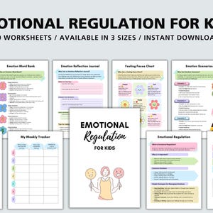 Puede incluir: Un conjunto de 30 hojas de trabajo imprimibles para ayudar a los niños a aprender sobre la regulación emocional. Las hojas de trabajo presentan ilustraciones coloridas y actividades, como identificar emociones, hacer un seguimiento del estado de ánimo y practicar habilidades de afrontamiento. El título del conjunto es "Regulación emocional para niños".