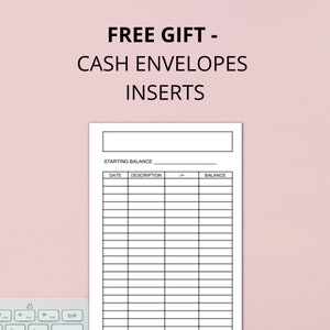May include: A black and white printable cash envelope tracker with the text "FREE GIFT - CASH ENVELOPES INSERTS" at the top and the headings "STARTING BALANCE", "DATE", "DESCRIPTION", "+", and "BALANCE".