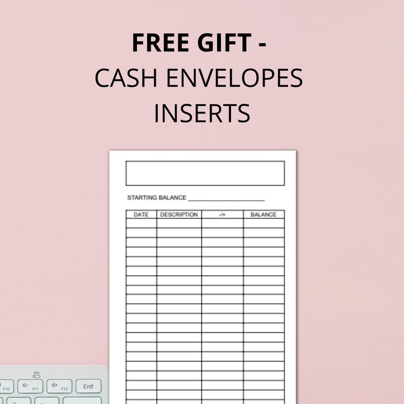 May include: A black and white printable cash envelope tracker with the text "FREE GIFT - CASH ENVELOPES INSERTS" at the top and the headings "STARTING BALANCE", "DATE", "DESCRIPTION", "+", and "BALANCE".