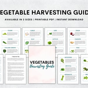 May include: A printable PDF guide with watercolor illustrations of various vegetables, including cabbage, celery, garlic, leek, onion, spinach, carrot, chives, kale, lettuce, parsnips, squash, cauliflower, collard greens, basil, beans, beets, artichoke, peas, bok choy, arugula, broccoli, asparagus, and Brussels sprouts. The guide includes harvesting tips and is available in two sizes.